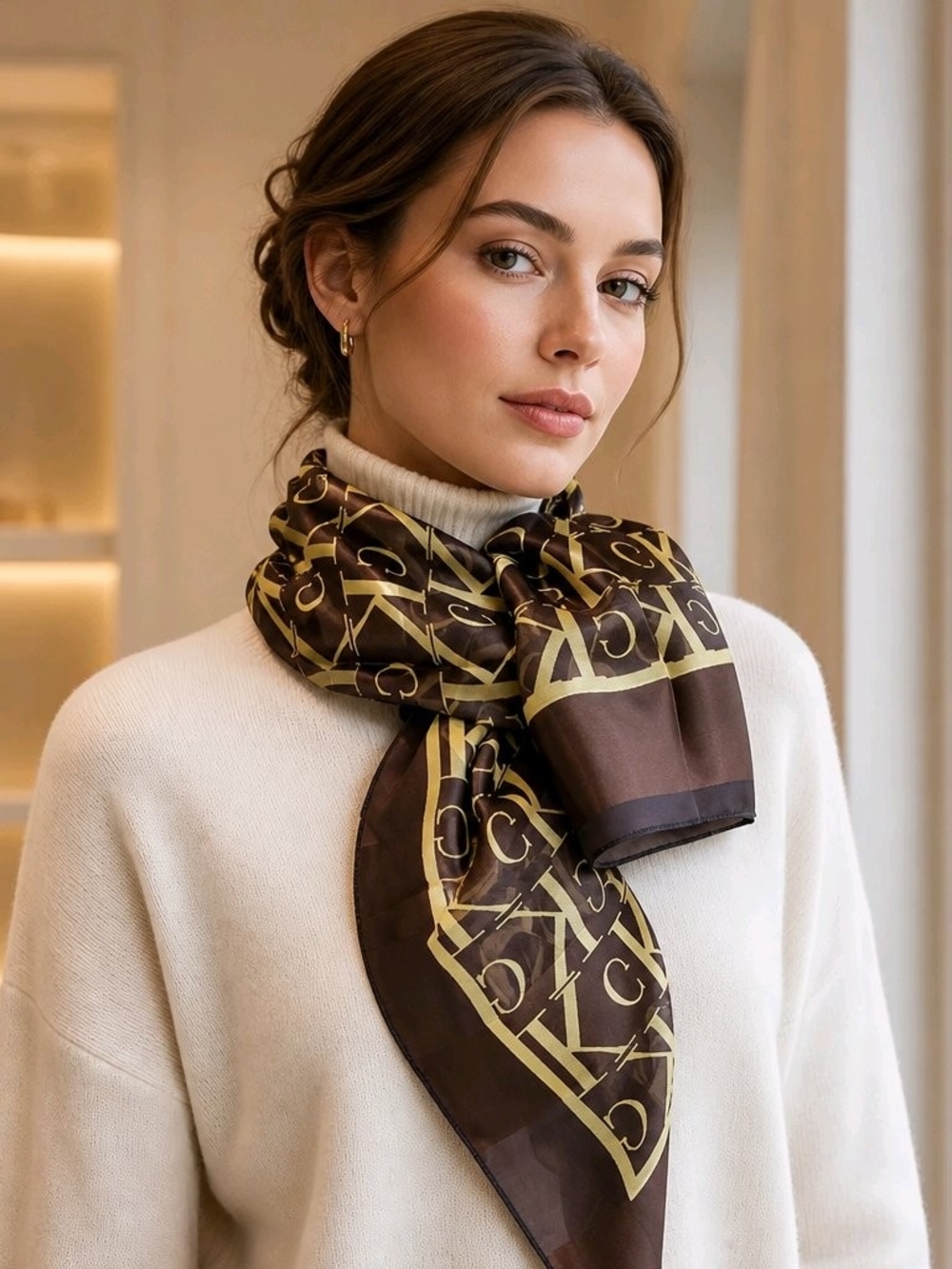 Monogram Satin Scarf With Brown Gold CK Logo